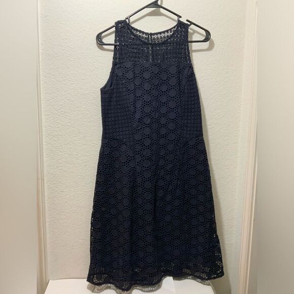 Tory Burch Hallie Eyelet Dress Women's Size 8 Navy Blue A Line Sleeveless Lined - Picture 9 of 9